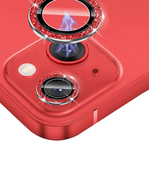 iPhone 15 / 15 Plus Glitter Diamond Camera Lens w/ HD Tempered Glass (RED)