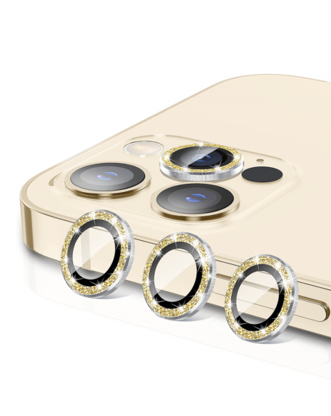 iPhone 15 Pro / 15 Pro Max Glitter Diamond Camera Lens w/ HD Tempered Glass (GOLD)