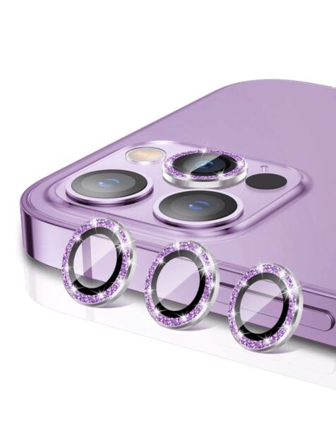 iPhone 15 Pro / 15 Pro Max Glitter Diamond Camera Lens w/ HD Tempered Glass (PURPLE)