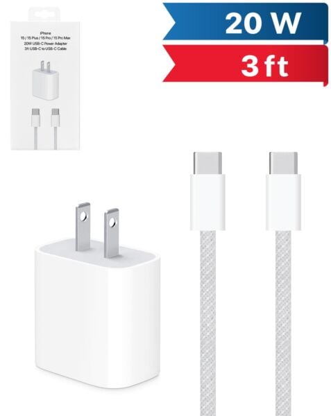 iPhone 15 Series USB-C Power Adapter w/ USB C-C Cable (20W) (3 ft)