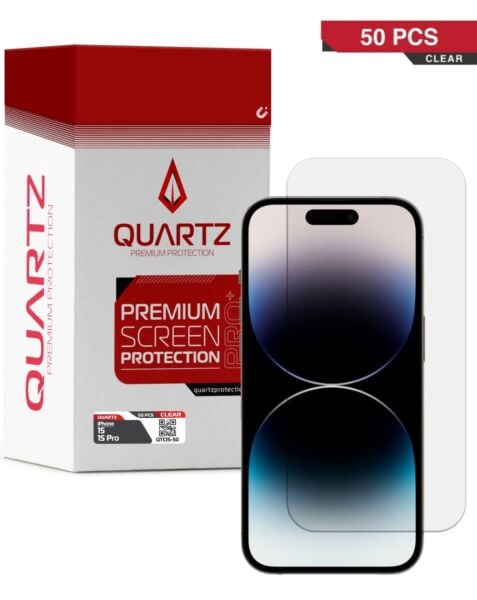 QUARTZ Clear Tempered Glass for iPhone 15 /15 Pro (Pack of 50)