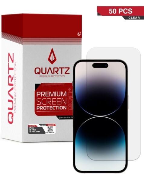 QUARTZ Clear Tempered Glass for iPhone 15 Plus / 15 Pro Max (Pack of 50)